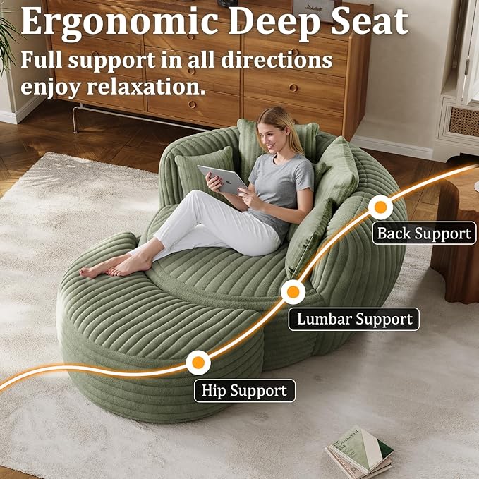 50 Oversized Chaise Lounge Indoor Round Reading Chair Lounge Chair with Ottoman Boneless Sofa Bed Large Fluffy Plush Corduroy Chaise Chair for Living Room Playroom Bedroom Green