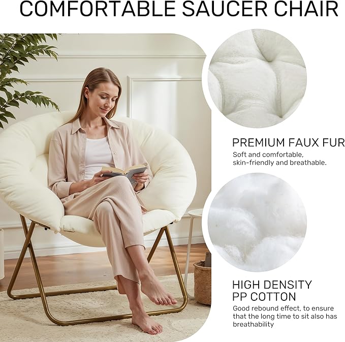 HealSmart Saucer Chair Comfy Faux Fur Chair for Bedroom Saucer Chairs for Adults Teens Round Shaped Moon Chair with Foldable Metal Frame White