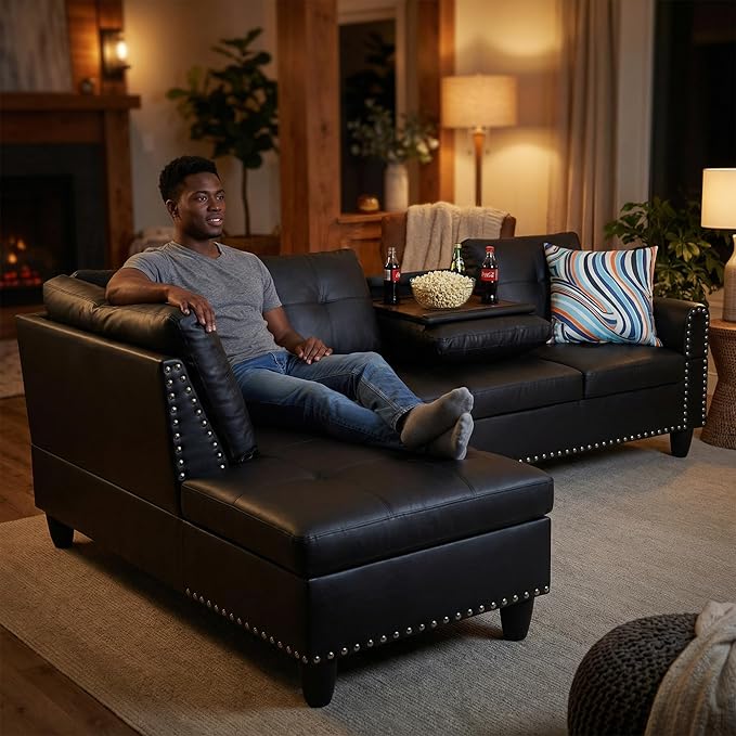 L-Shaped Sectional Couch with Cup Holders Leather Living Room Sofa with Lounge Chaise Modern 4 Seater Sofa Couch for Living Room Small Apartment &amp Office Black