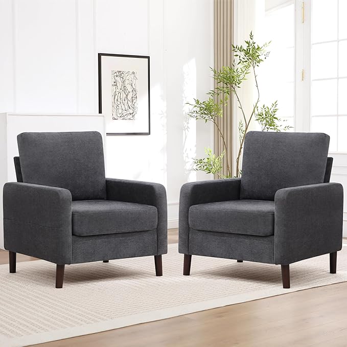 Accent Chair for Living Room Modern Reading Chair for Bedroom Upholstered Armchair with Wood Legs and Side Pockets Single Sofa Side Chair for Office Small Room Apartment Dark Grey