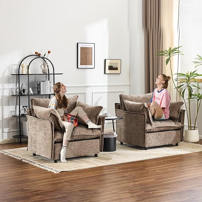 VINGLI Accent Chairs Set of 2 Light Brown 34 Width Oversized Reading Chair Upholstered Armchair Soft Chenille Fabric Living Room Chairs Sofa for Adults Bedroom Home Office Play Room