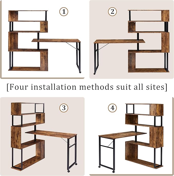 Home Office Computer Desk L Shaped Corner Table Rotating Computer Table with 5 Tier Bookshelf Four Installation Methods Lockable Casters (Tiger)