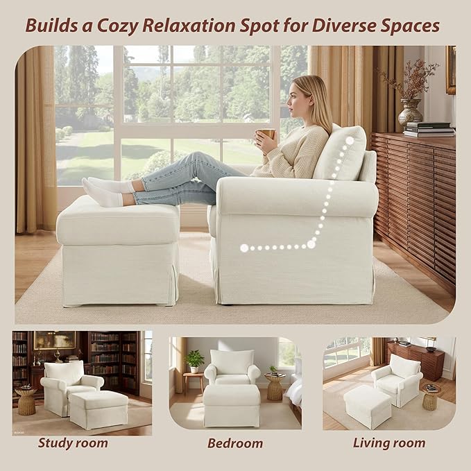 Modern Accent Chairs with Ottoman Set Comfy Chenille Reading Armchair with Rolled Arms and Cushion Backrest 35.8 W Single Living Room Chairs for Bedroom Study Apartment Beige