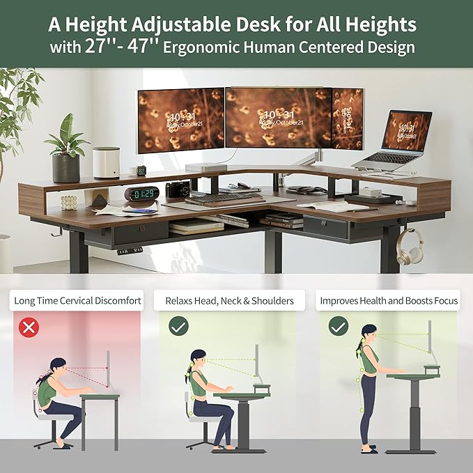 FEZIBO L Shaped Standing Desk with LED Strip &amp 2 Drawers Triple Motors Supports Over 300lbs Upper and Lower Storage Shelves Available Electric Height Adjustable for Home Office Black Walnut