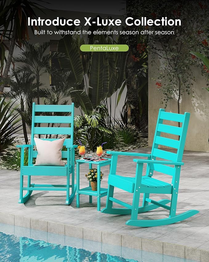 GREENVINES Outdoor-Rocking-Chair | HDPE Plastic | Patio Rockers | Porch Rocker Chairs | Shaker | Oversized | High Ladder Back | Big &amp Tall | PentaLuxe |Aqua