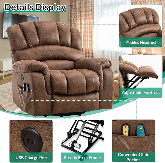 VIVIJASON Large Power Lift Chair Electric Recliner with Heat &amp Massage for Elderly Big People Heavy Duty and Safety Motion Wide Recliners with 2 Remote Controls Side Pockets &amp USB Ports Bro