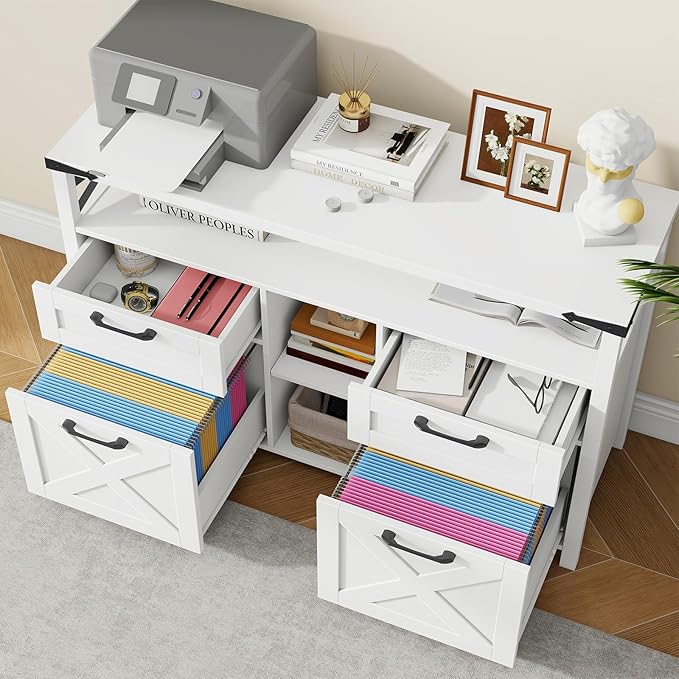 Farmhouse Filing Cabinet with Adjustable Shelf for Home Office Lateral File Cabinets 4 Drawers with Open Storage Shelf Filing Organization Storage Cabinets for Hanging Files Letter/A4.(White)