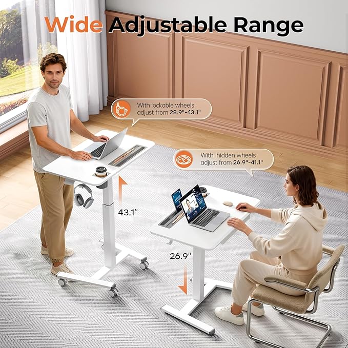 Mobile Standing Desk with Drawer 32 Rolling Desk with Cup Holder and Hooks Portable Laptop Cart on Wheels Height Adjustable Workstation with Storage for Home Office White