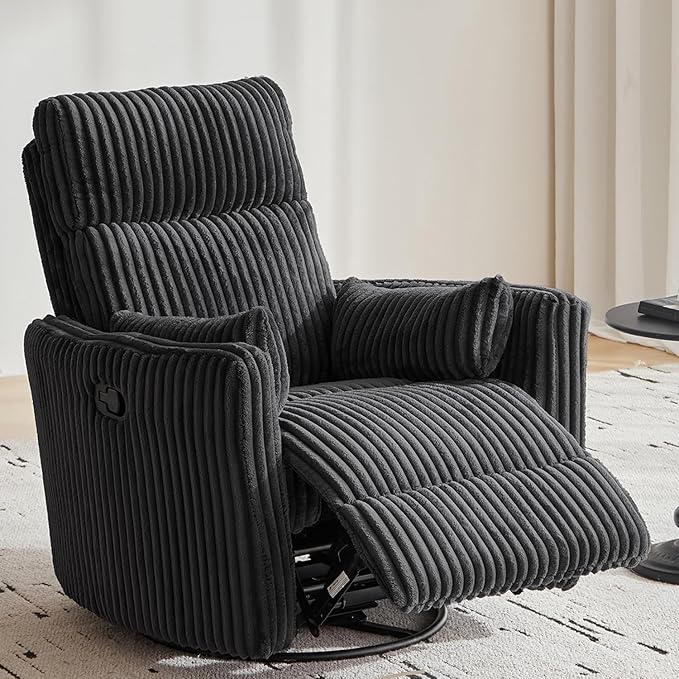 LINSY 360 Swivel Recliner Chair Nursery Glider Rocking Chair with 2 Pillows Corduroy Nursing Chair Comfy High Back Adult Rocker Recliner for Small Spaces Nursery Bedroom Living Room (Black)
