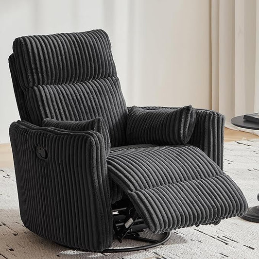 LINSY 360 Swivel Recliner Chair Nursery Glider Rocking Chair with 2 Pillows Corduroy Nursing Chair Comfy High Back Adult Rocker Recliner for Small Spaces Nursery Bedroom Living Room (Black)