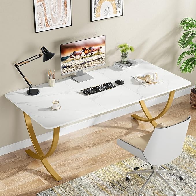 Tribesigns Executive Desk 63” W x 31.5” D Large Office Desk Modern Computer Desk Conference Table Meeting Room Table Business Furniture for Home Office White and Gold