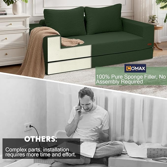 COMAX Convertible Sofa Bed Queen Corduroy Folding Floor Couch Pull Out Couch Bed Futon Sleeper with Pillows Fold Out Boneless Sofa Comfy Lounge Mattress Loveseat for Living Room Bedroom Green