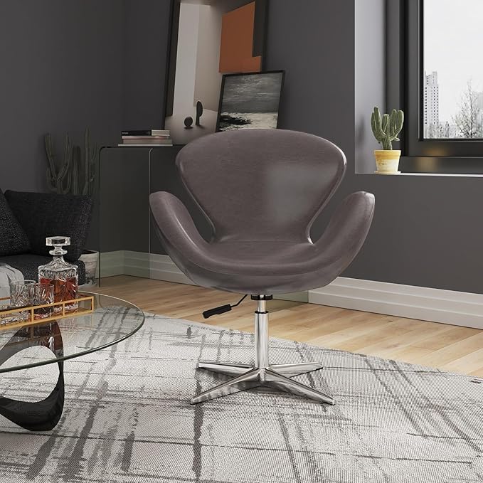 Manhattan Comfort Raspberry Adjustable Swivel Accent Chair Set of 2 with 360° Turn Polished Chrome Base Modern Retro Design Ideal for Living Room and Home Office Pebble Faux Leather