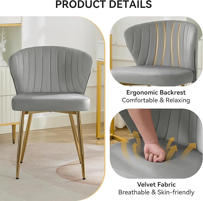 Velvet Vanity Chair Set of 2 Modern Makeup Chair with Back Golden Legs Small Cute Accent Chair for Vanity Living Room Bedroom Grey