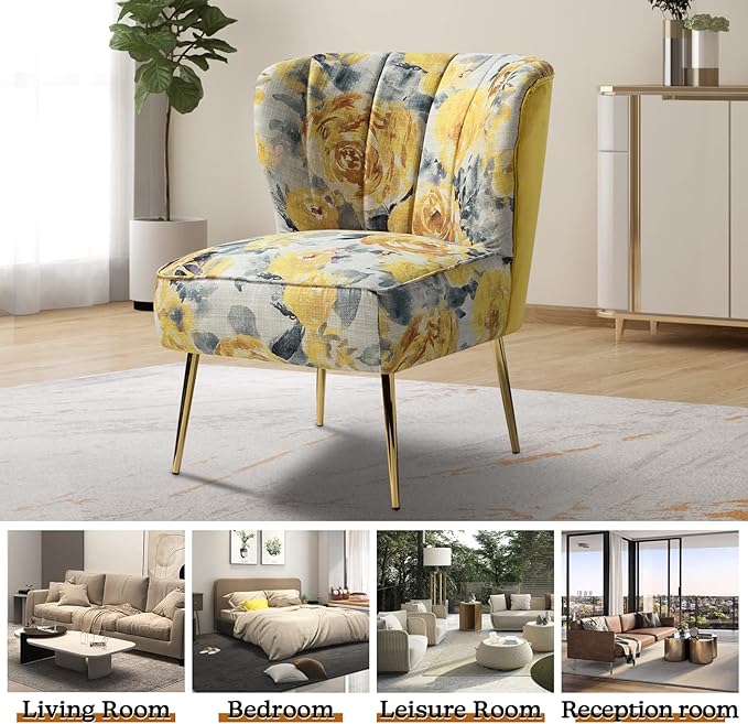 Tina's Home Accent Chair with Golden Legs Comfy Tufted Wingback Living Room Chair Floral Fabric Small Armless Side Chair Upholstered Slipper Chair for Bedroom Reading Room (Flower Print Yellow)
