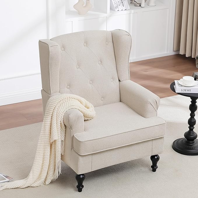 Accent Chair for Living Room Mid Century Modern Upholstered Armchair Wingback Chair with Tufted High Back and Solid Legs Comfy Single Sofa Side Chairs for Bedroom Khaki