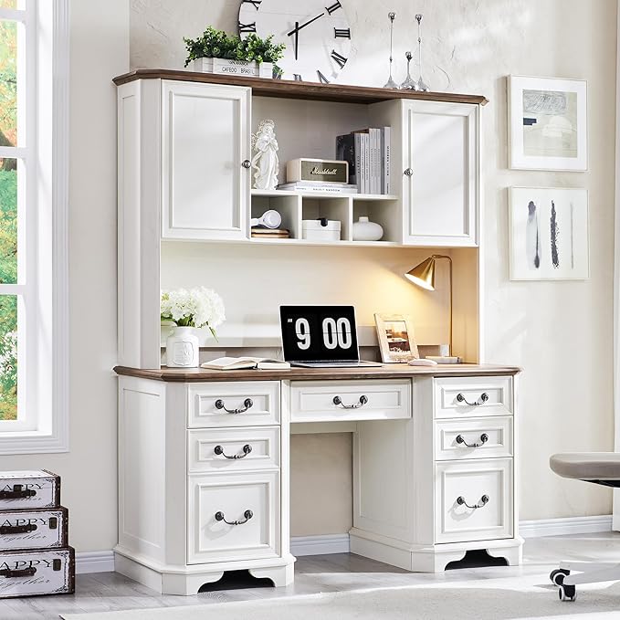 T4TREAM 59 Home Office Desk Hutch with Ample Storage Only Match VSC Series Farmhouse Desk (Antique White)