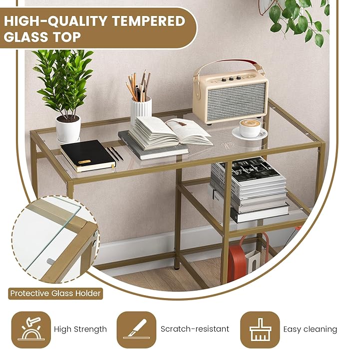 Tangkula Tempered Glass Computer Desk with 2-Tier Storage Shelves Modern Computer Workstation Vanity Makeup Table Sturdy Metal Frame Home Office Desk Student Writing Study Desk (Gold)