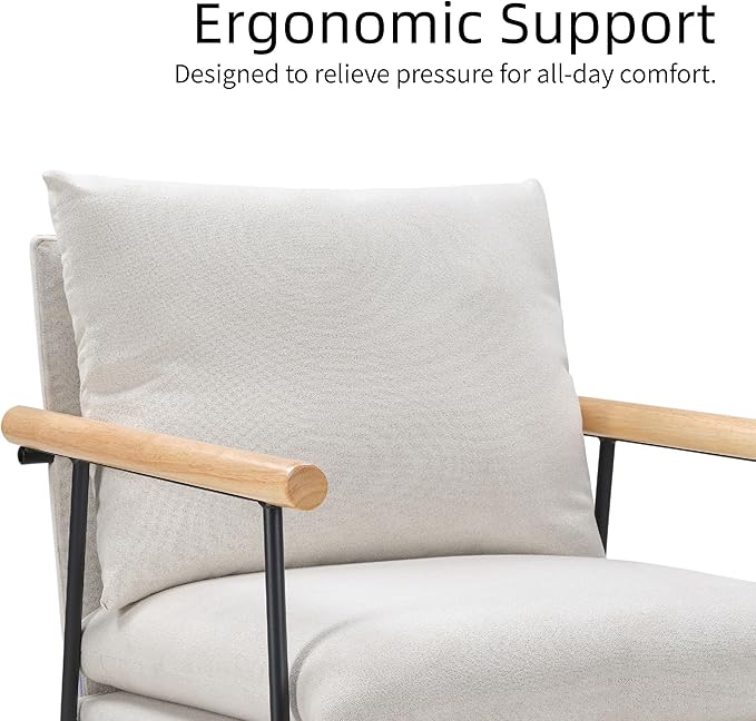 Modern Accent Chair with Removable Cushion &amp Wood Armrests - Ergonomic Vanity Chair for Living Room Bedroom Balcony 396lbs Capacity Corduroy Fabric Comfy Chair with Easy Assembly (White)