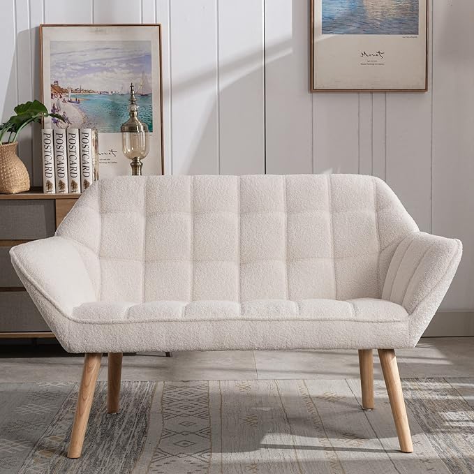 48 Small Loveseat for Small Spaces Upholstered Fluffy White Loveseat Sofa Mid Century Modern 2-Seater Couch with Armrest and Wood Legs for Bedroom Living Room Apartment White