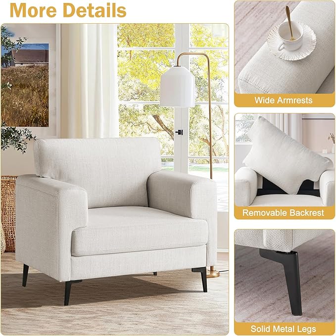 Oversized Accent Chair Upholstered Living Room Chairs Single Sofa Chair w/Metal Legs Comfy Linen Fabric Reading Lounge Armchair for Apartment Bedroom Office Cream 1PC