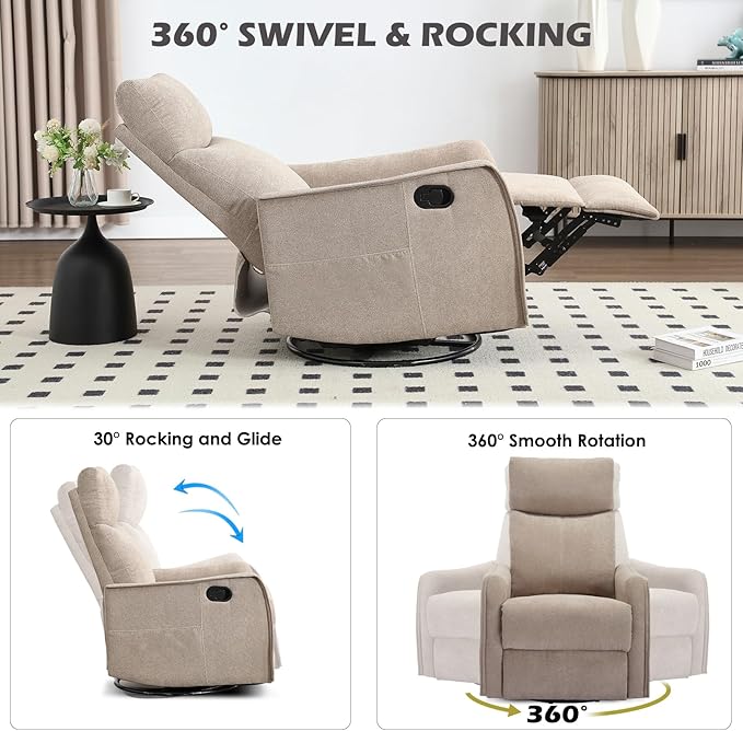 Swivel Rocker Recliner Chair 360° Swivel Recliner with Heat and Massage Rocker Recliner Nursery Glider Chair with Side Pockets for Living Room (Khaki Fabric)