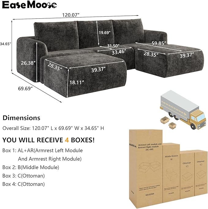 EASE MOOSE Cloud Couch Sectional Sofa Large U-Shaped Oversized Modular Couch for Living Room Minimalist Boneless Couches with Ottoman 5-Seat Deep Sofas for Bedroom Chenille (Dark Grey)
