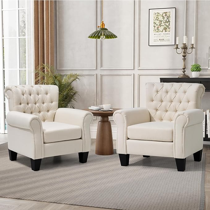 Soft Accent Chair Reading Arm Chair Fabric Living Room Chairs for Bedroom Home Office Single Sofa (Beige)
