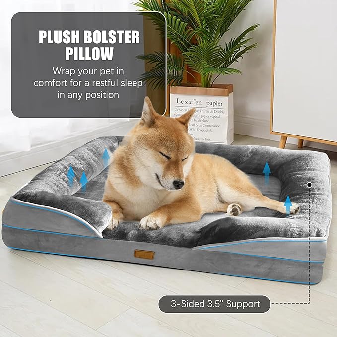 Orthopedic Dog Bed with Sides - Dog Sofa Beds for Large Dogs Supportive Foam Pet Couch Bed with Washable Removable Cover Waterproof Lining and Non-Slip Bottom Grey - L