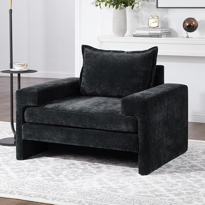 Merax 40.9 Chenille Upholstered Armchair Accent Chair with Wide Armrests Thick Cushion Ergonomic Back Support for Living Room Bedroom or Office Black