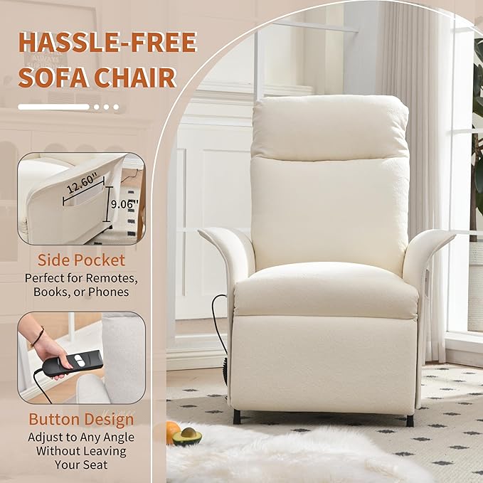 Power Recliner Chair Adjustable Electric Recliner Chairs for Adults Sleeper Sofa Bed with Remote Control &amp Side Pocket Linen Upholstered Chair for Living Room/Bedroom Easy Assembly Beige