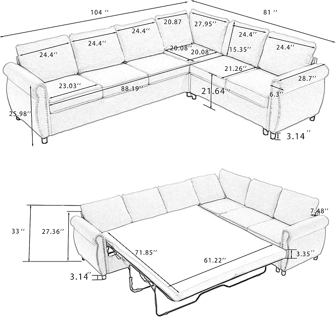 TTK 104 L-Shaped Convertible Sectional Sofa Bed 6-Seater with Pull Out Queen Size Daybed Memory Foam Mattress &amp Arms Easy Assembly Riveted Sofa for Living Room Brown