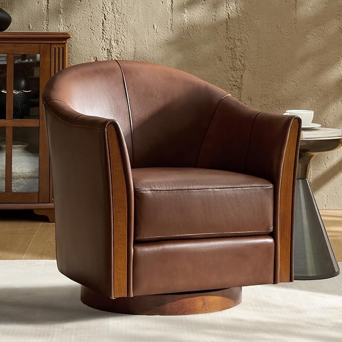 Classic Genuine Leather Swivel Barrel Chair with Solid Wood Base Comfortable Design for Living Room &amp Lounge Brown