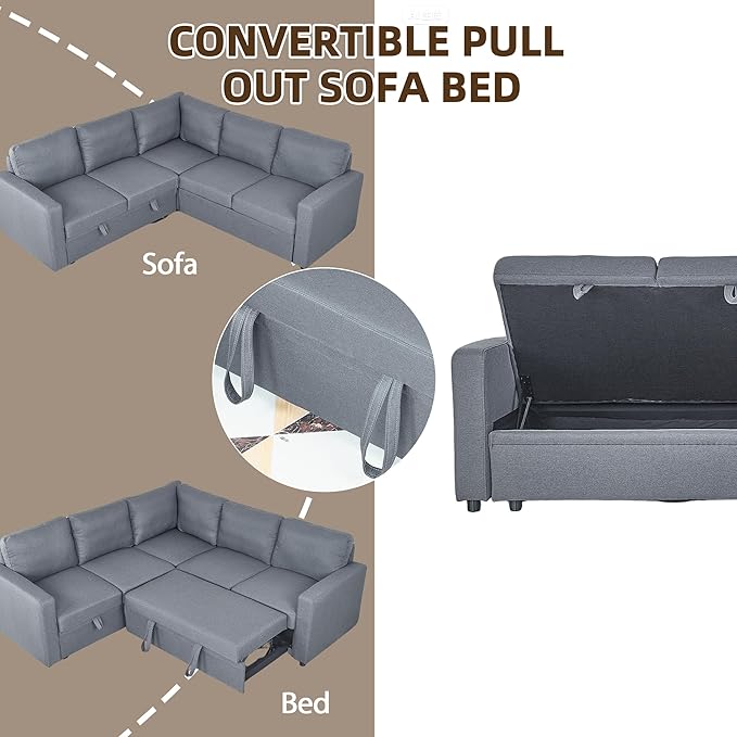 Pull Out Sleeper Sofa Sectional Couches for Living Room 5-Seater Pull Out Couch with Storage Convertible Sofa Bed for Small Space Guest Room Apartment Gray