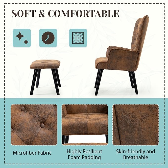 ECOTOUGE 2 Pieces Accent Chair with Ottoman Button Wingback Chair Wingback Leisure Single Sofa Arms Upholstered Tall Back Leather Chairs for Bedroom Brown (Anti-Skid Feet Caps)