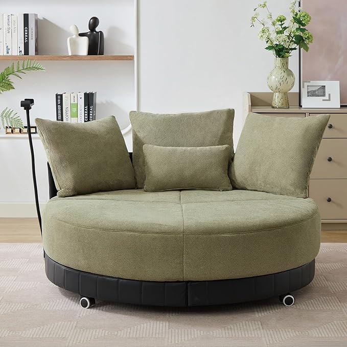 51W Oversized Swivel Accent ChairPolyester Upholstered Extra Large Swivel Barrel ChairRound Chair with WheelsRotating Phone Holderand 4 PillowsLounge Arm Chair for Living RoomBedroom(Green)
