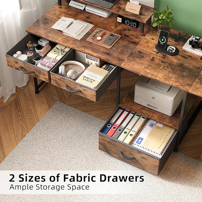 L Shaped Computer Desk 78.7 Reversible Home Office Desk with Printer Storage Shelf &amp 3 Fabric Drawers Two Person Desk with LED Lights &amp Power Outlet Corner Gaming Desk with Monitor Shelf