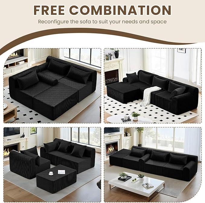 Oversized Boneless Couches for Living Room L Shaped Cloud Couch with Deep Seat Corduroy Sectional Couch with Removable OttomanNo Assembly Required Black
