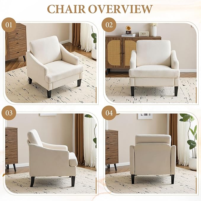 Bezseller Modern Accent Chairs Set of 2 Upholstered Reading Armchair with Wood Legs Mid-Century Leisure Comfy Single Sofa Chair for Living Room Bedroom Home Office Beige