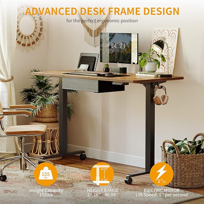 CubiCubi 63 x 24 Inch Standing Desk with Drawer Electric Stand up Adjustable Height Electric Stand up Desk Sit Stand Home Office Desk Ergonomic Workstation Black Steel Frame/Rustic Brown Tabletop