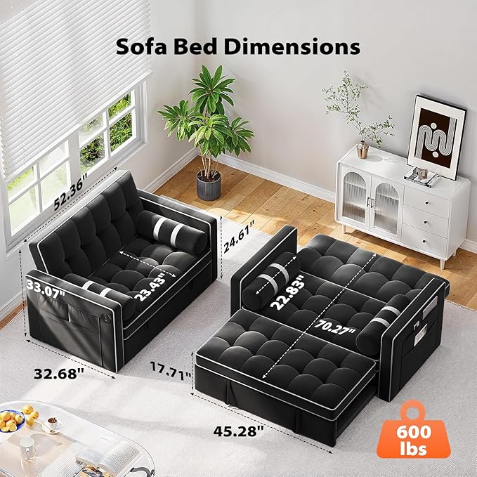Pipishell 3 in 1 Convertible Sleeper Sofa BedPull Out Couch for Living Room with USB Ports &amp Side PocketsAdjustable BackrestVelvetLoveseat Sofa BedFuton CouchesBlack