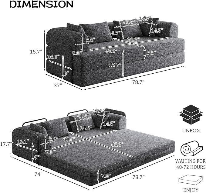 Convertible Floor Sofa Bed 79 Compression Sofa Foldable Sleeper Couch Bed Modular Sectional Comfy Loveseat 4-Seater No Assembly Required for Living Room Guest Room Chenille Fabric Grey