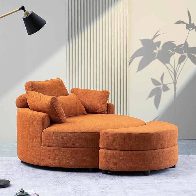 ERYE Oversized Round Accent Barrel Chair with Storage Ottoman and Adjustable Headrest Modern Linen Upholstered Leisure Recliner Armchair for Living Room Bedroom