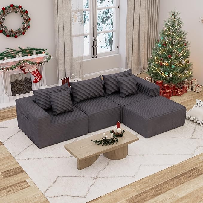Modular Cloud Couch Sectional Deep Seat No-Bone Corduroy Sofa with Ottoman Oversized Comfy Modular Sofa for Living Room Bedroom Apartment No Assembly Flexible Layout (Gray 108 Inch-L)