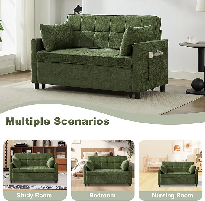 Tbfit 57 Convertible Sofa Bed Chenille Futon Sleeper Sofa Couch with Pullout Bed USB &amp Adjustable Backrest Queen Size Pull Out Loveseat Couches for Living Room Apartment Office Dorm Green