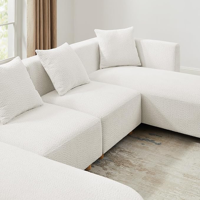 VANOMi 113 Sectional Sofa with 4 Pillows U-Shaped 4-Seater Comfy Boucle Cloud Couch Modern Double Chaises Lounge Sofas for Living Room Office Apartment (White-U)