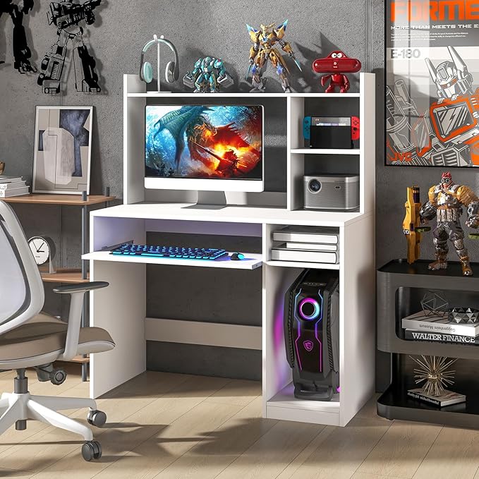 LDAILY Computer Desk with Hutch Multifunctional PC Laptop Table with Keyboard Tray CPU Stand Power Outlet Simple Work Desk Writing Desk for Bedroom Home Office Dorm (White)