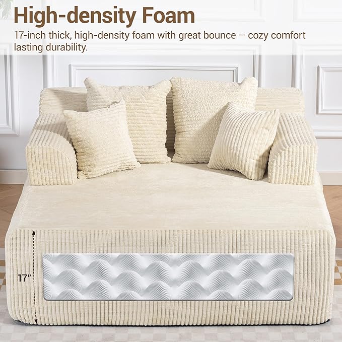58 Inch Chaise Lounge Chair Indoor Corduroy Boneless Sofa Bed Deep Seat Sleeper Couch Reading Chairs Upholstered Comfy Cloud Sofas Couches for Living Room No Assembly Required Beige