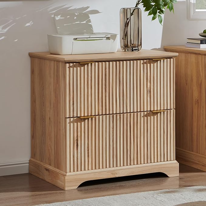JXQTLINGMU 2 Drawer File Cabinet with Charging Station 30 Fluted Lateral File Cabinet w/Files Hanging Rod for Letter/Legal/A4 Large Tabletop for Printer Office Wood Printer Cabinets Oak