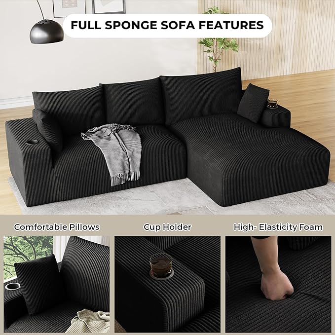 113 Modular Sectional Sofa Cloud Couch Modern Deep Seat Fluffy Corduroy Boneless Couch with Cup Holder Comfy L Shaped Sectional Couches for Living Room Bedroom. (Right Facing Black)